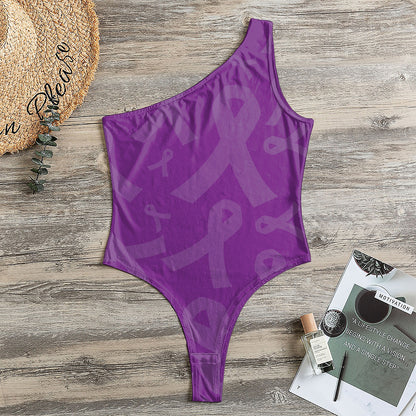 Purple Cancer Awareness Ribbon Print One Shoulder Bodysuit