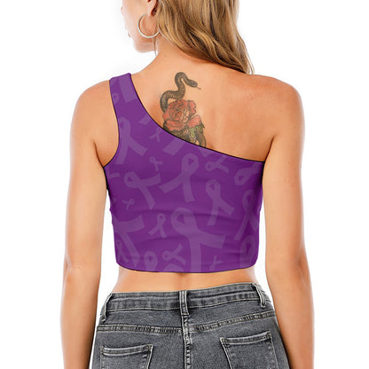 Purple Cancer Awareness Ribbon Print One Shoulder Crop Top