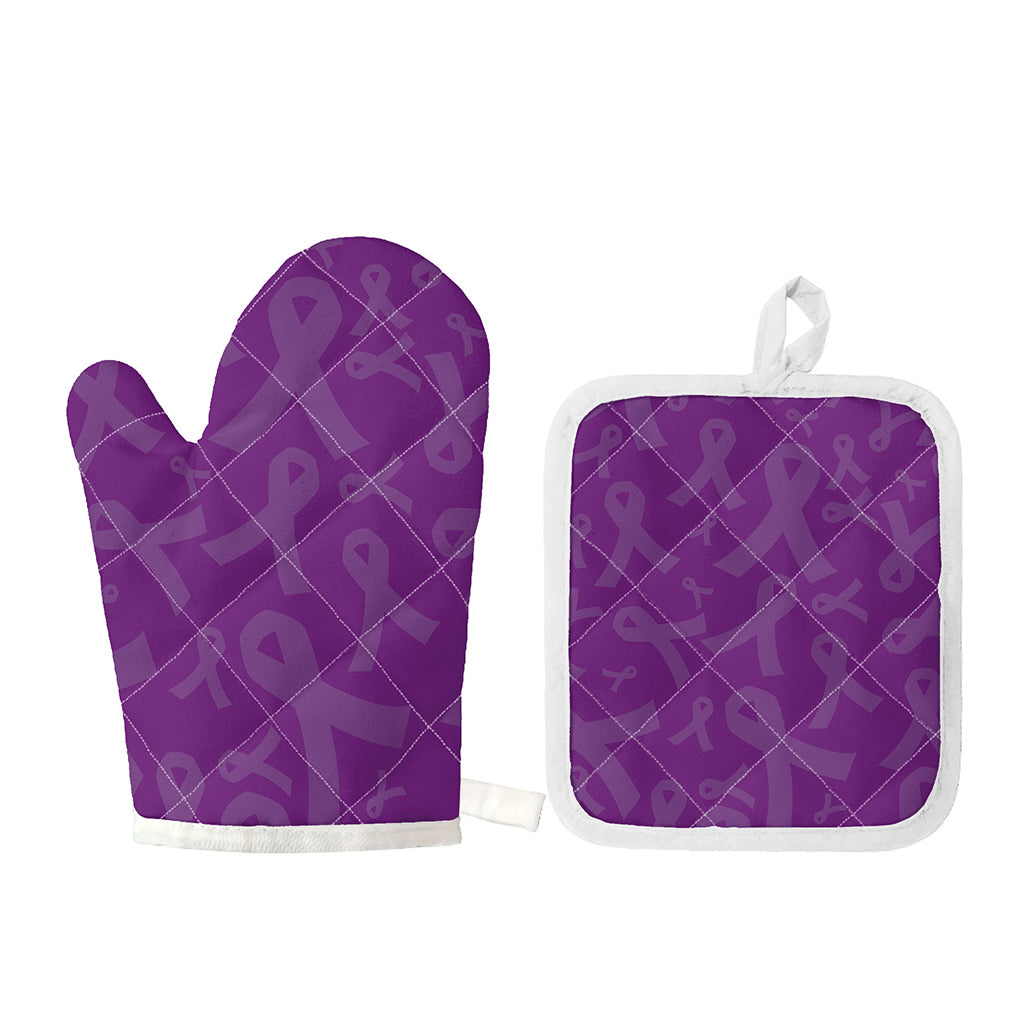 Purple Cancer Awareness Ribbon Print Oven Mitt And Pot Holder Set