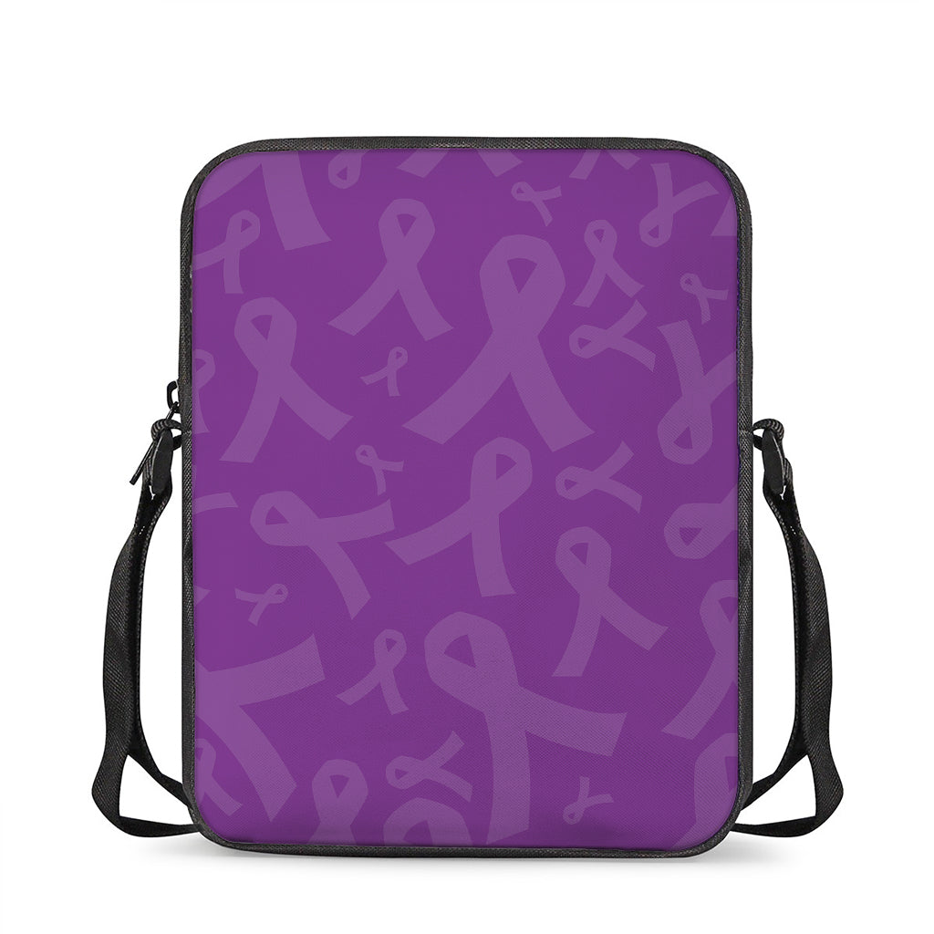 Purple Cancer Awareness Ribbon Print Rectangular Crossbody Bag