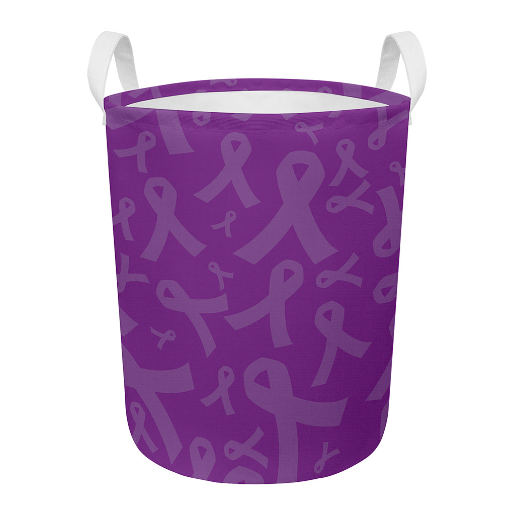 Purple Cancer Awareness Ribbon Print Round Laundry Basket
