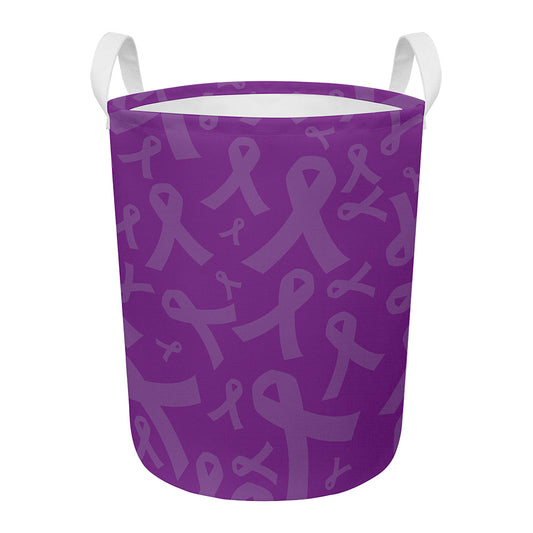 Purple Cancer Awareness Ribbon Print Round Laundry Basket