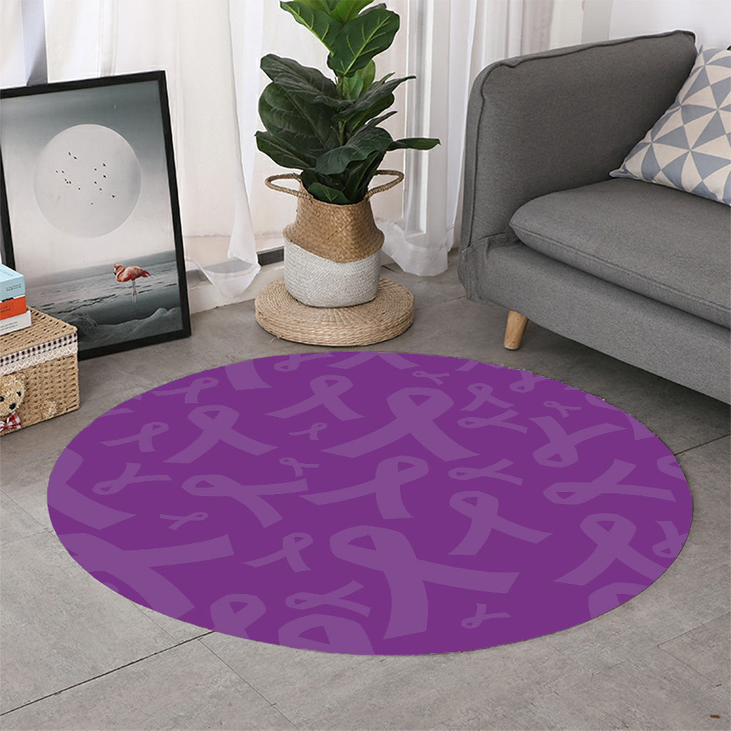 Purple Cancer Awareness Ribbon Print Round Rug