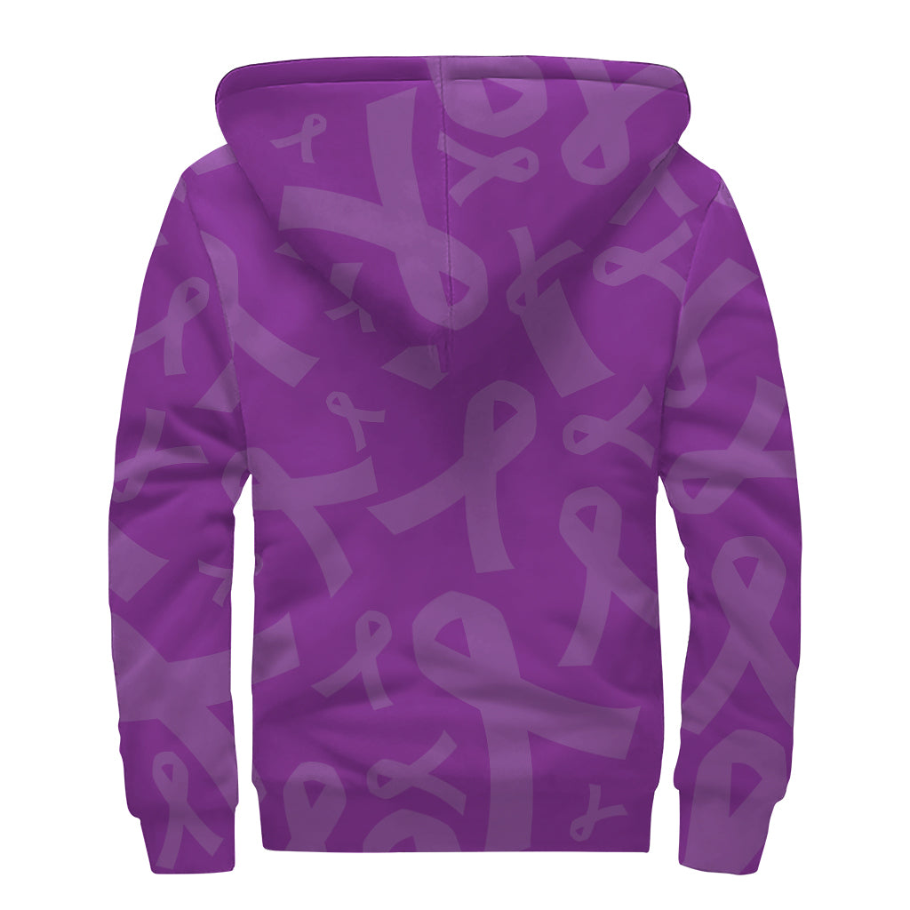 Purple Cancer Awareness Ribbon Print Sherpa Lined Zip Up Hoodie