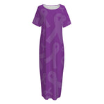 Purple Cancer Awareness Ribbon Print Short Sleeve Long Nightdress