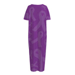 Purple Cancer Awareness Ribbon Print Short Sleeve Long Nightdress