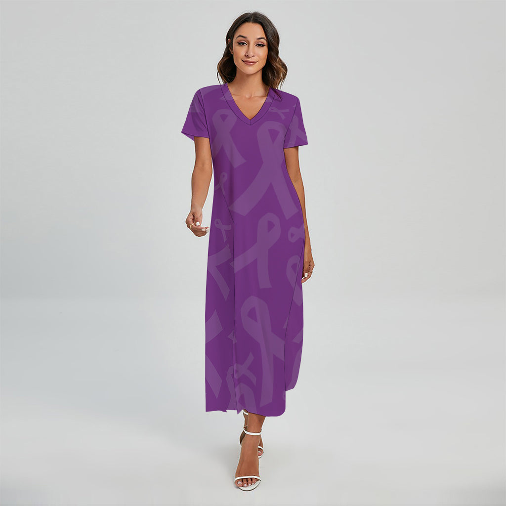 Purple Cancer Awareness Ribbon Print Short Sleeve Maxi Dress