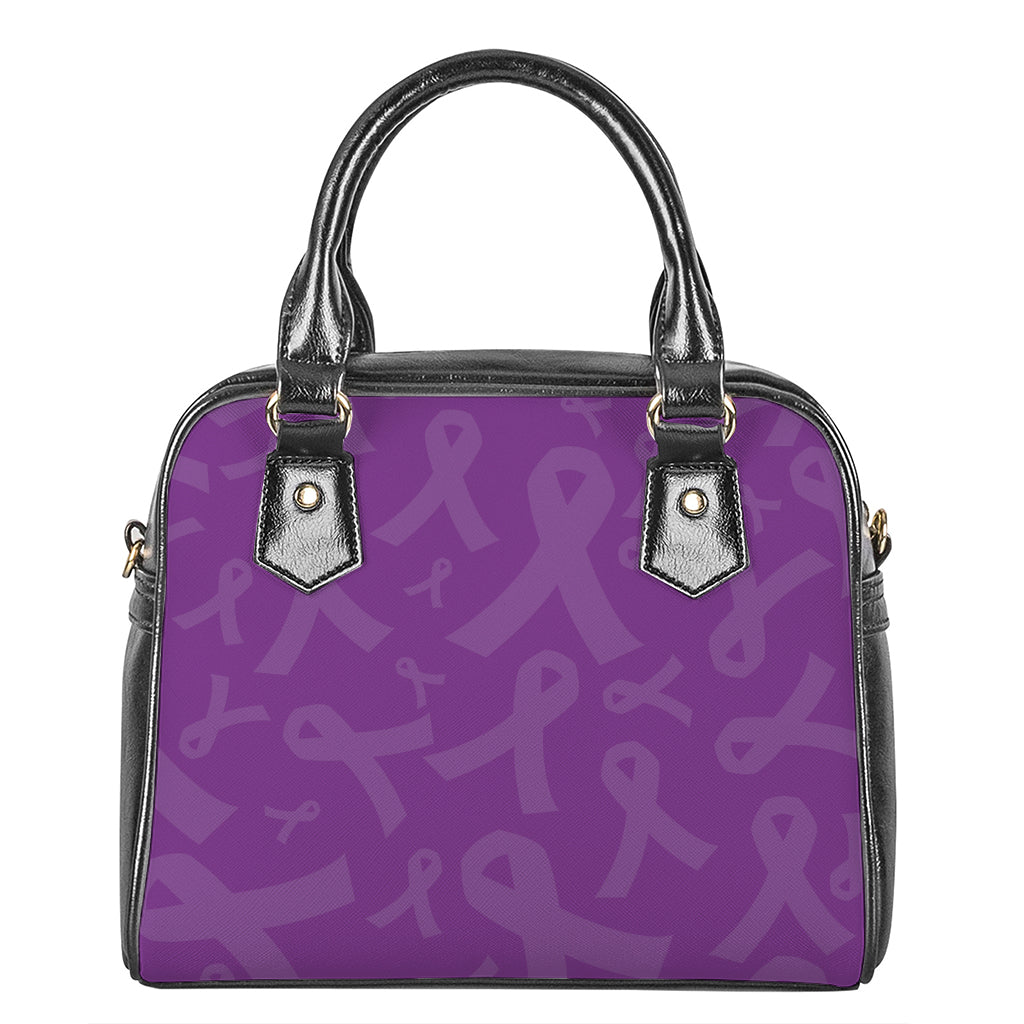 Purple Cancer Awareness Ribbon Print Shoulder Handbag