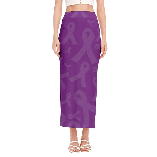 Purple Cancer Awareness Ribbon Print Side Slit Maxi Skirt