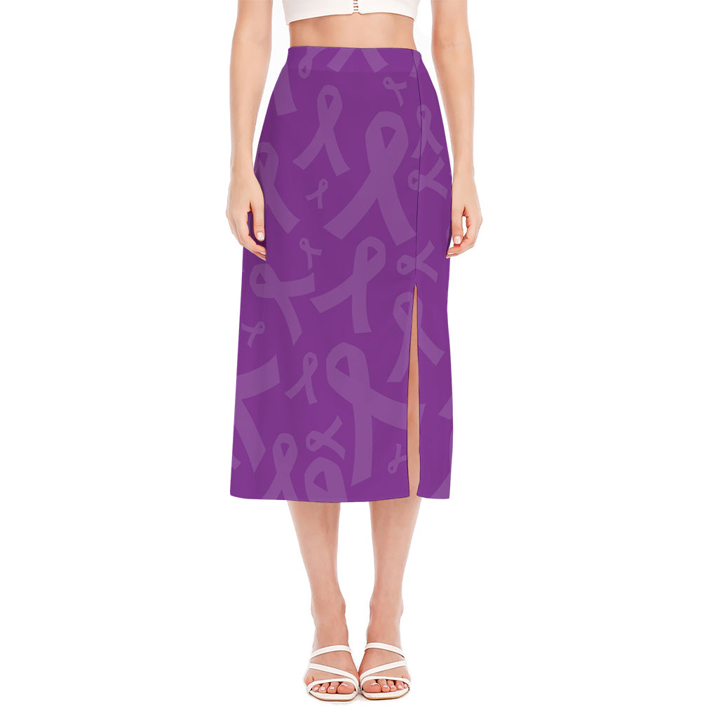 Purple Cancer Awareness Ribbon Print Side Slit Midi Skirt
