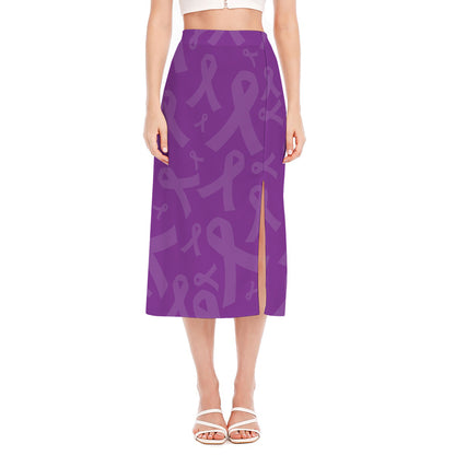 Purple Cancer Awareness Ribbon Print Side Slit Midi Skirt