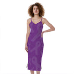 Purple Cancer Awareness Ribbon Print Slim Fit Midi Cami Dress