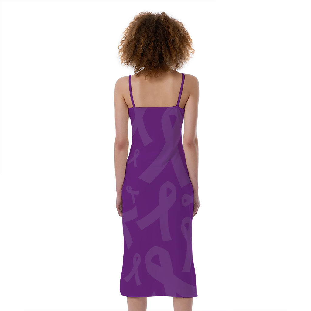 Purple Cancer Awareness Ribbon Print Slim Fit Midi Cami Dress