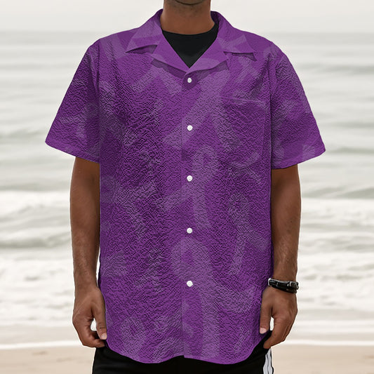 Purple Cancer Awareness Ribbon Print Textured Short Sleeve Shirt