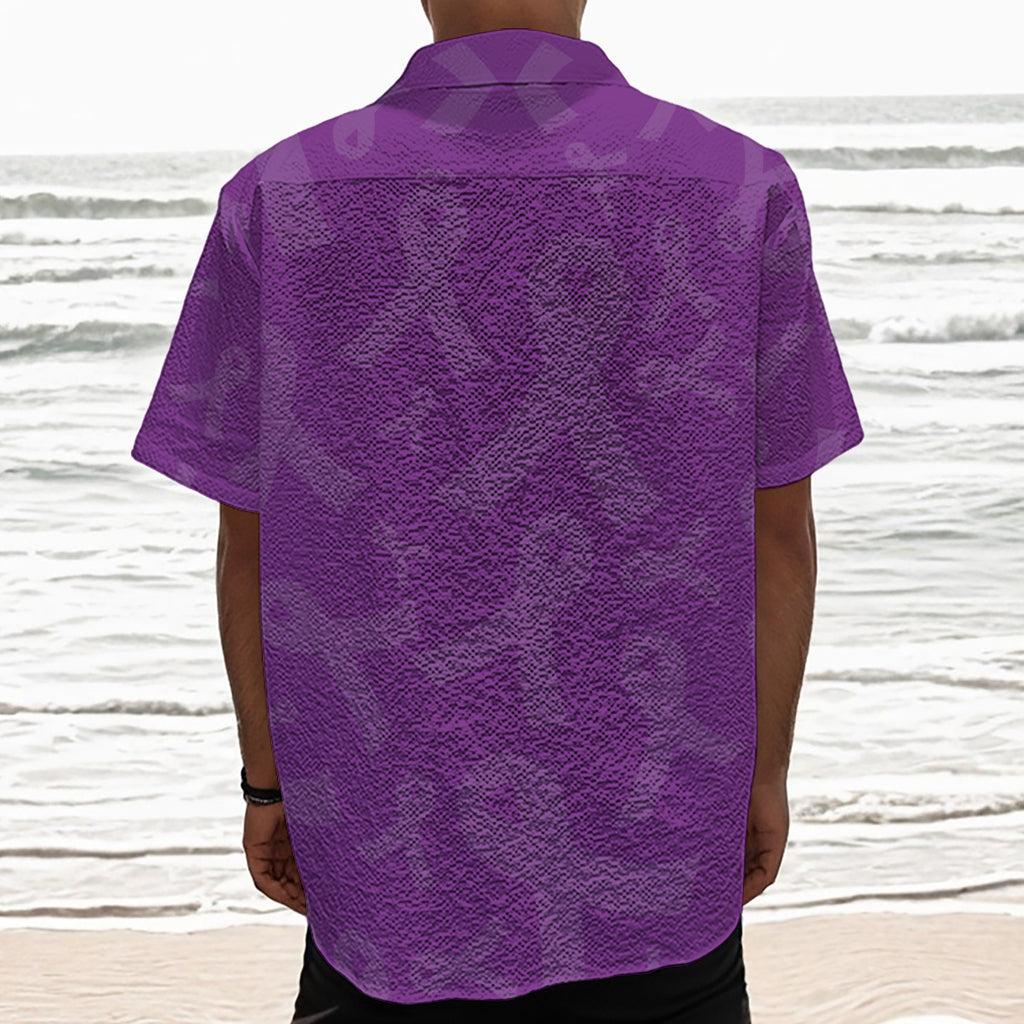 Purple Cancer Awareness Ribbon Print Textured Short Sleeve Shirt