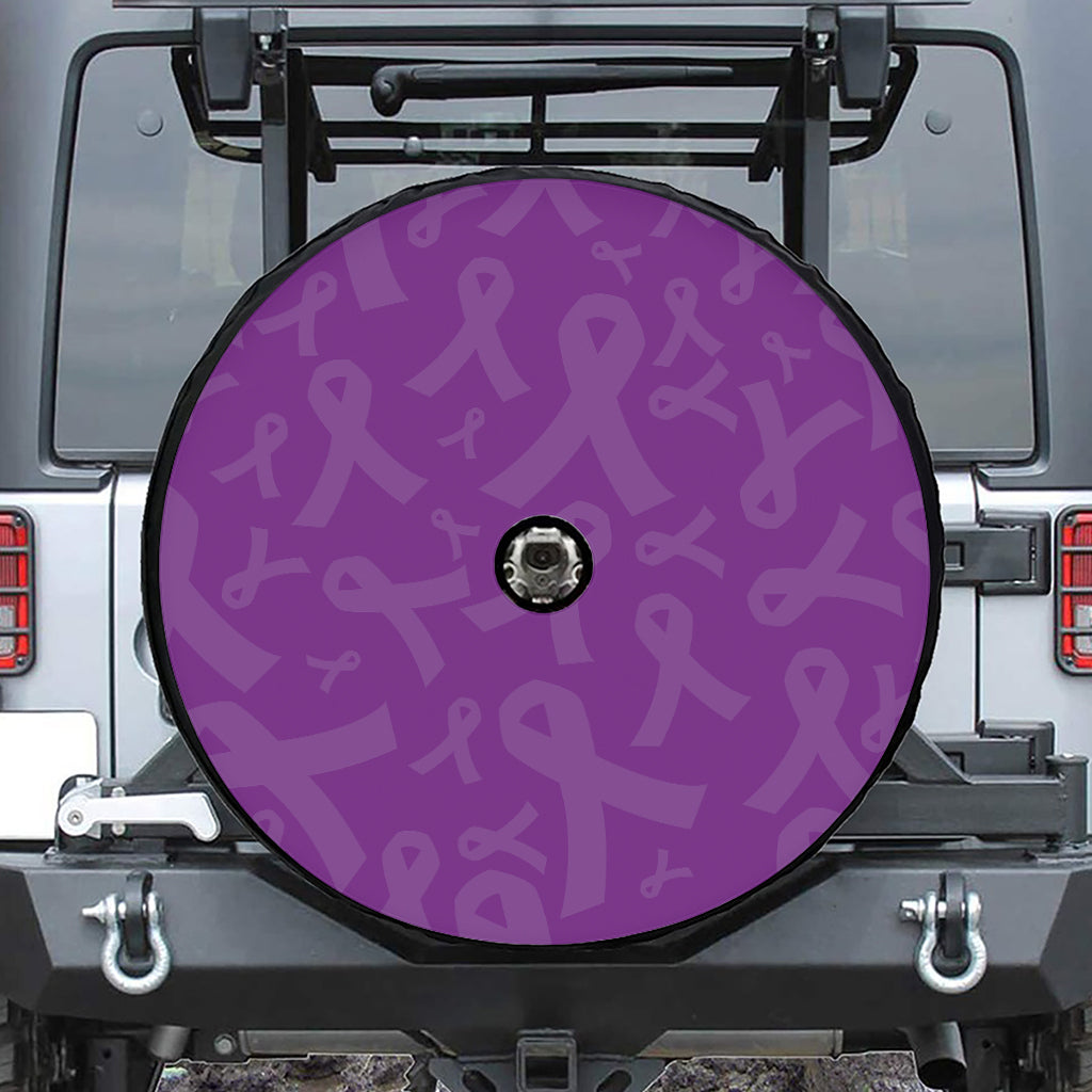 Purple Cancer Awareness Ribbon Print Tire Cover With Camera Hole