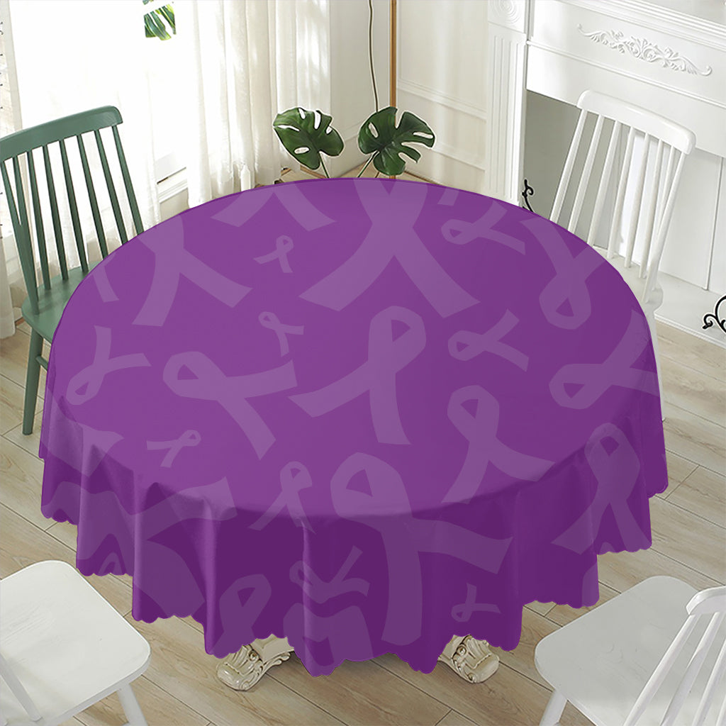 Purple Cancer Awareness Ribbon Print Waterproof Round Tablecloth