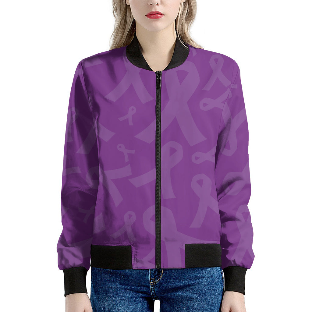 Purple Cancer Awareness Ribbon Print Women's Bomber Jacket