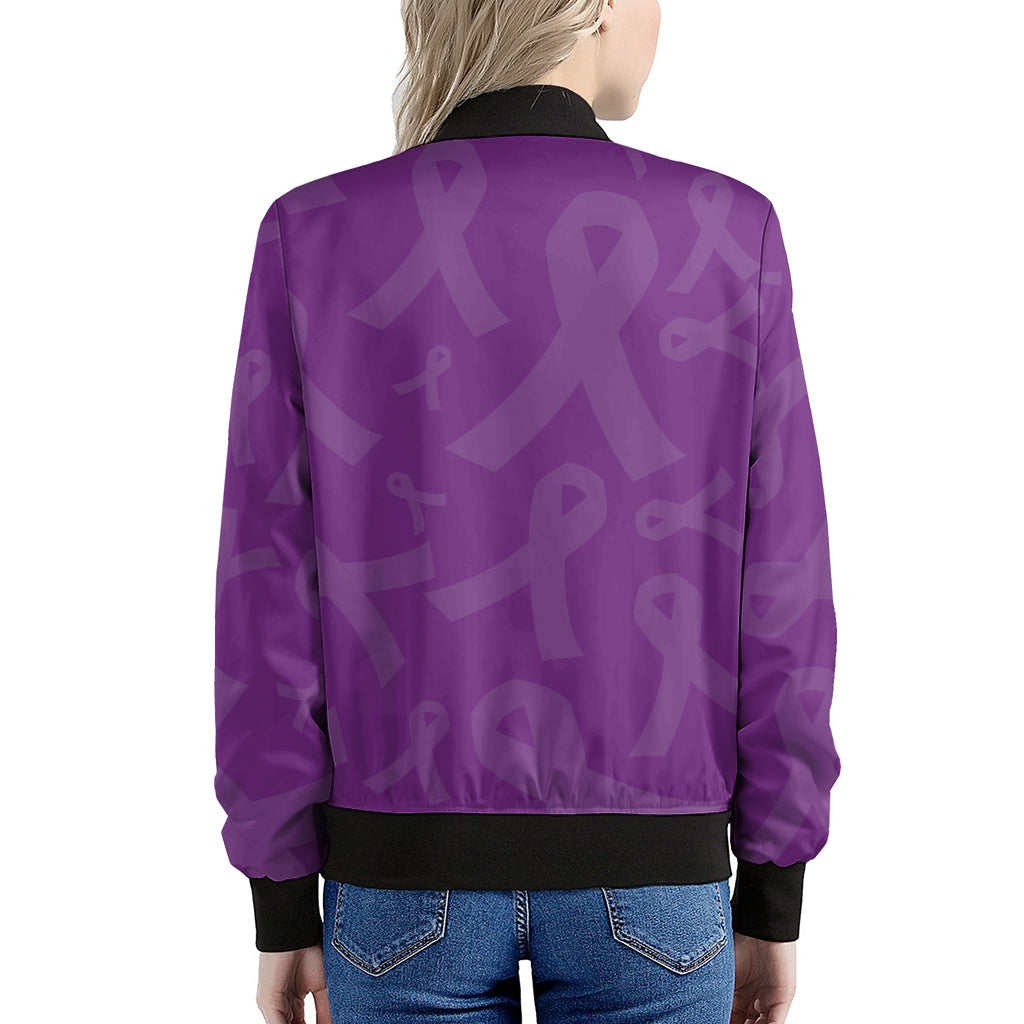 Purple Cancer Awareness Ribbon Print Women's Bomber Jacket