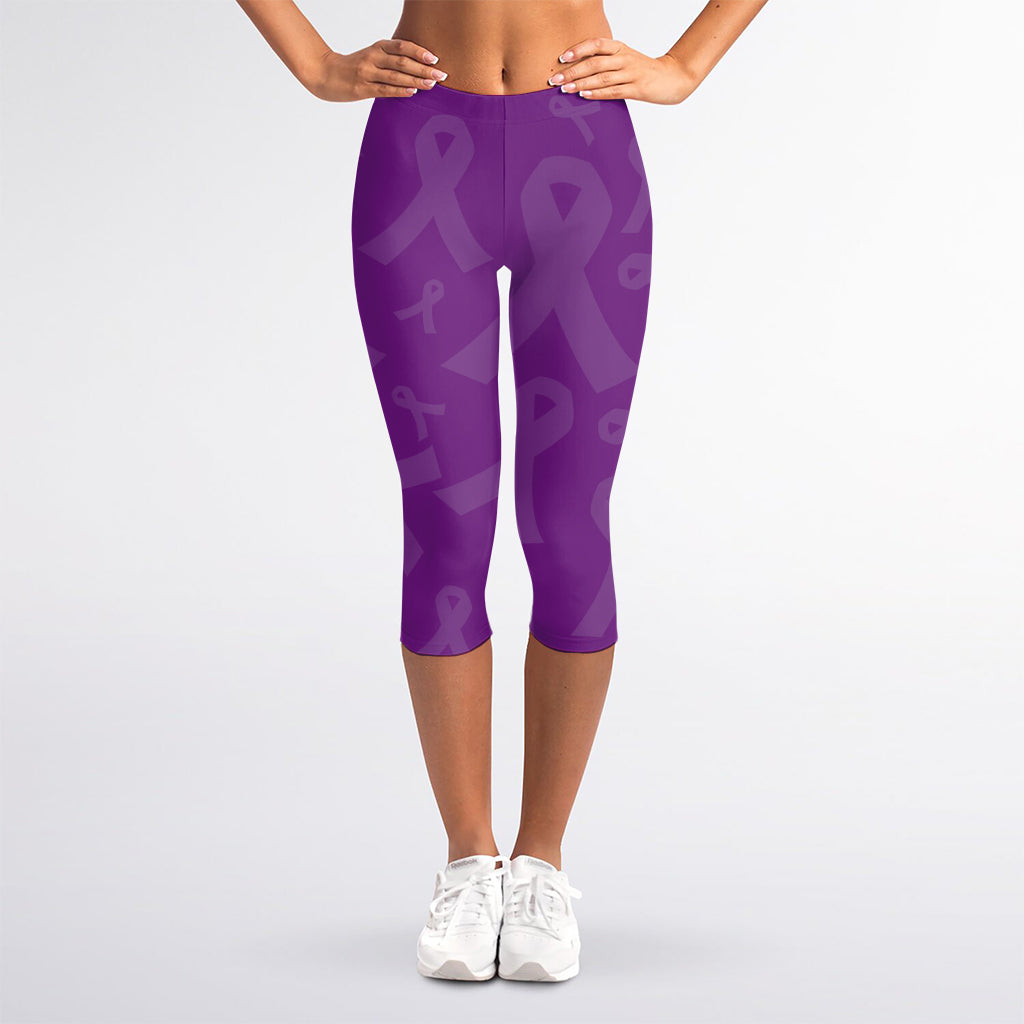 Purple Cancer Awareness Ribbon Print Women's Capri Leggings