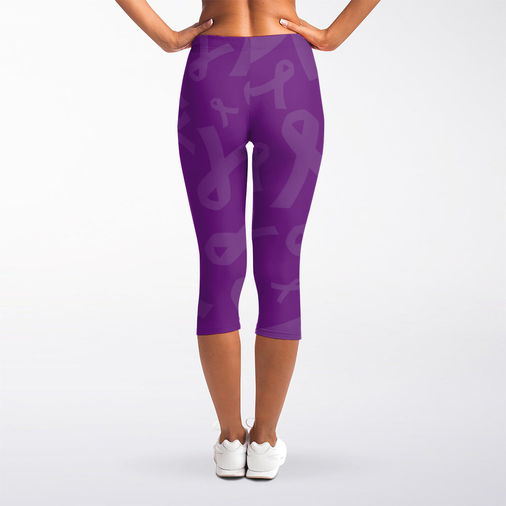 Purple Cancer Awareness Ribbon Print Women's Capri Leggings