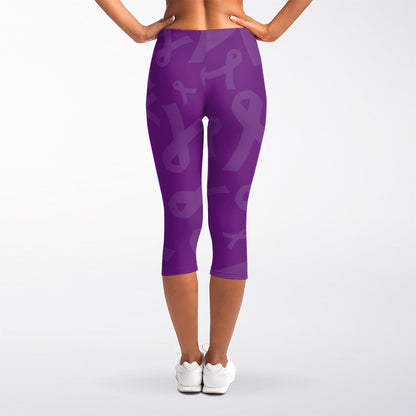 Purple Cancer Awareness Ribbon Print Women's Capri Leggings