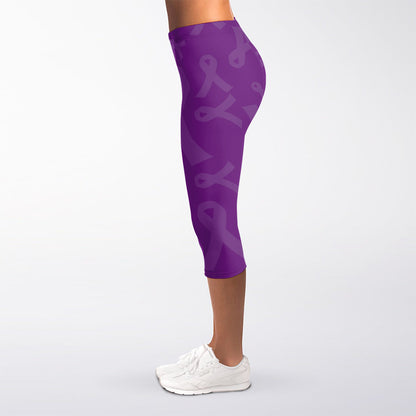 Purple Cancer Awareness Ribbon Print Women's Capri Leggings
