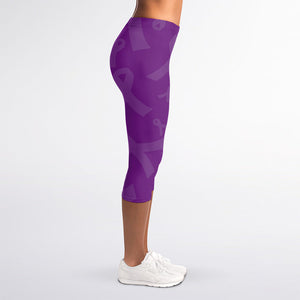 Purple Cancer Awareness Ribbon Print Women's Capri Leggings