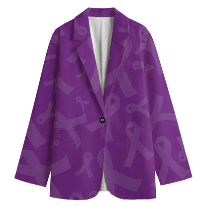 Purple Cancer Awareness Ribbon Print Women's Cotton Blazer