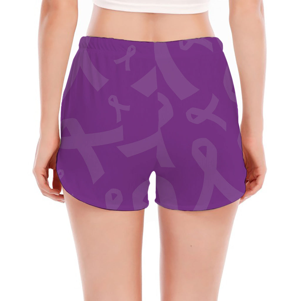 Purple Cancer Awareness Ribbon Print Women's Split Running Shorts