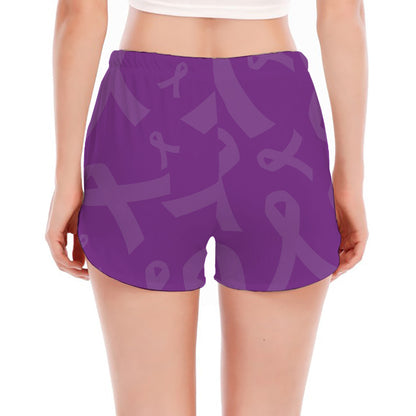 Purple Cancer Awareness Ribbon Print Women's Split Running Shorts