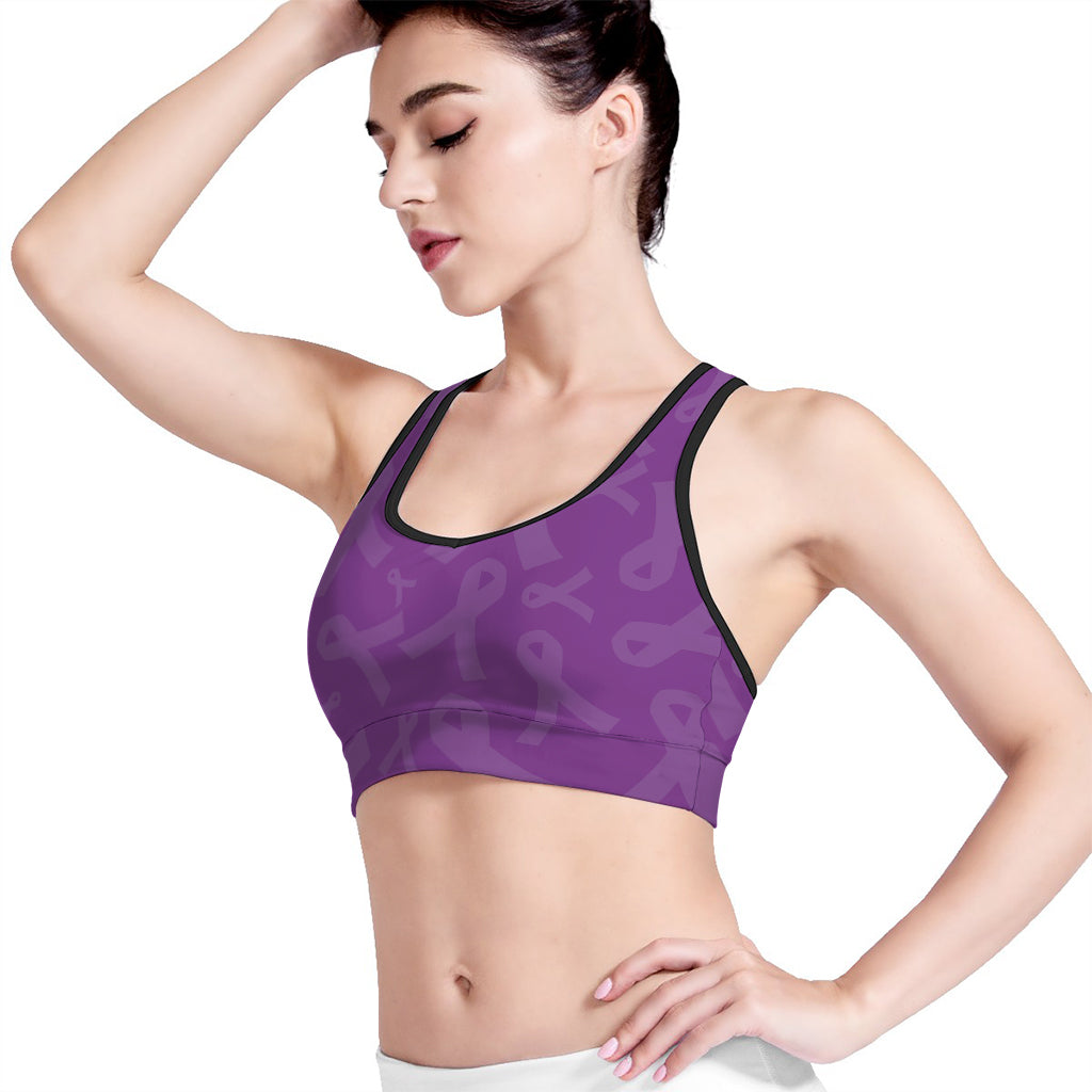 Purple Cancer Awareness Ribbon Print Women's Sports Bra