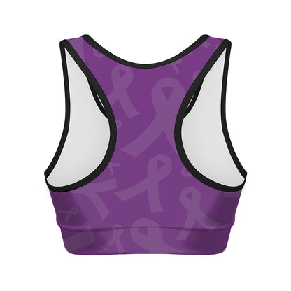 Purple Cancer Awareness Ribbon Print Women's Sports Bra