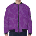 Purple Cancer Awareness Ribbon Print Zip Sleeve Bomber Jacket