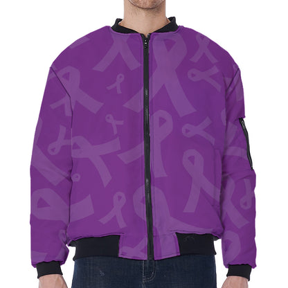 Purple Cancer Awareness Ribbon Print Zip Sleeve Bomber Jacket