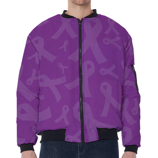 Purple Cancer Awareness Ribbon Print Zip Sleeve Bomber Jacket
