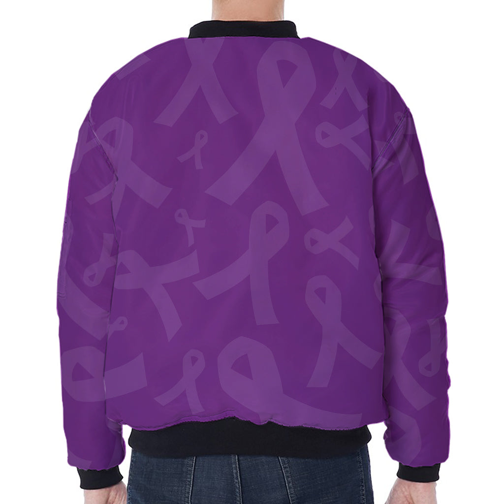 Purple Cancer Awareness Ribbon Print Zip Sleeve Bomber Jacket