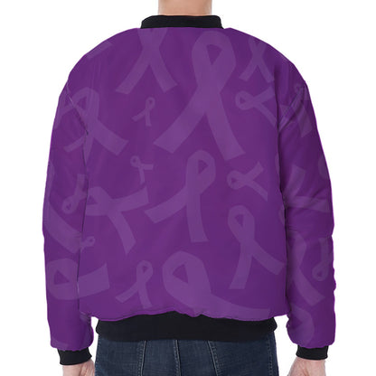 Purple Cancer Awareness Ribbon Print Zip Sleeve Bomber Jacket