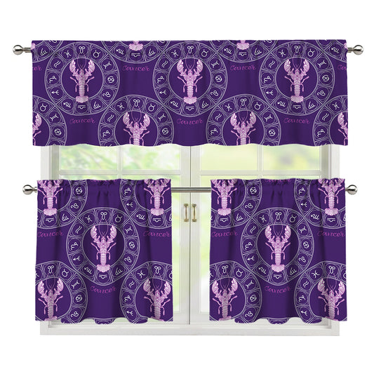 Purple Cancer Zodiac Pattern Print 3 Piece Kitchen Curtains