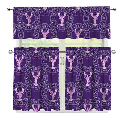 Purple Cancer Zodiac Pattern Print 3 Piece Kitchen Curtains