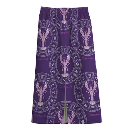 Purple Cancer Zodiac Pattern Print Cotton Front Slit Maxi Skirt