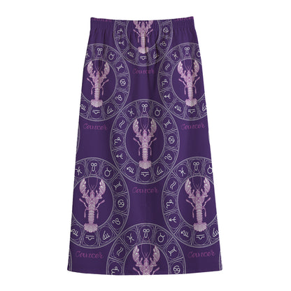 Purple Cancer Zodiac Pattern Print Cotton Front Slit Maxi Skirt