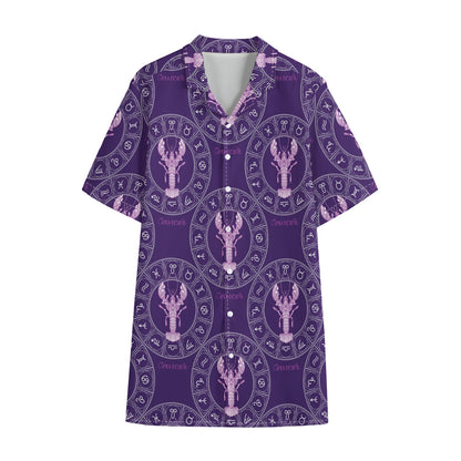Purple Cancer Zodiac Pattern Print Cotton Hawaiian Shirt