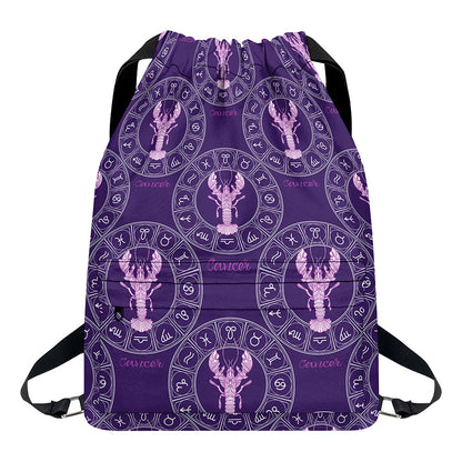 Purple Cancer Zodiac Pattern Print Drawstring Backpack