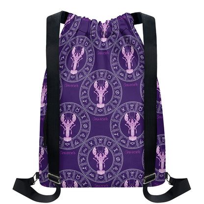 Purple Cancer Zodiac Pattern Print Drawstring Backpack