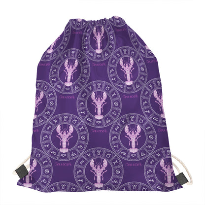Purple Cancer Zodiac Pattern Print Drawstring Bag