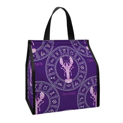 Purple Cancer Zodiac Pattern Print Insulated Lunch Tote