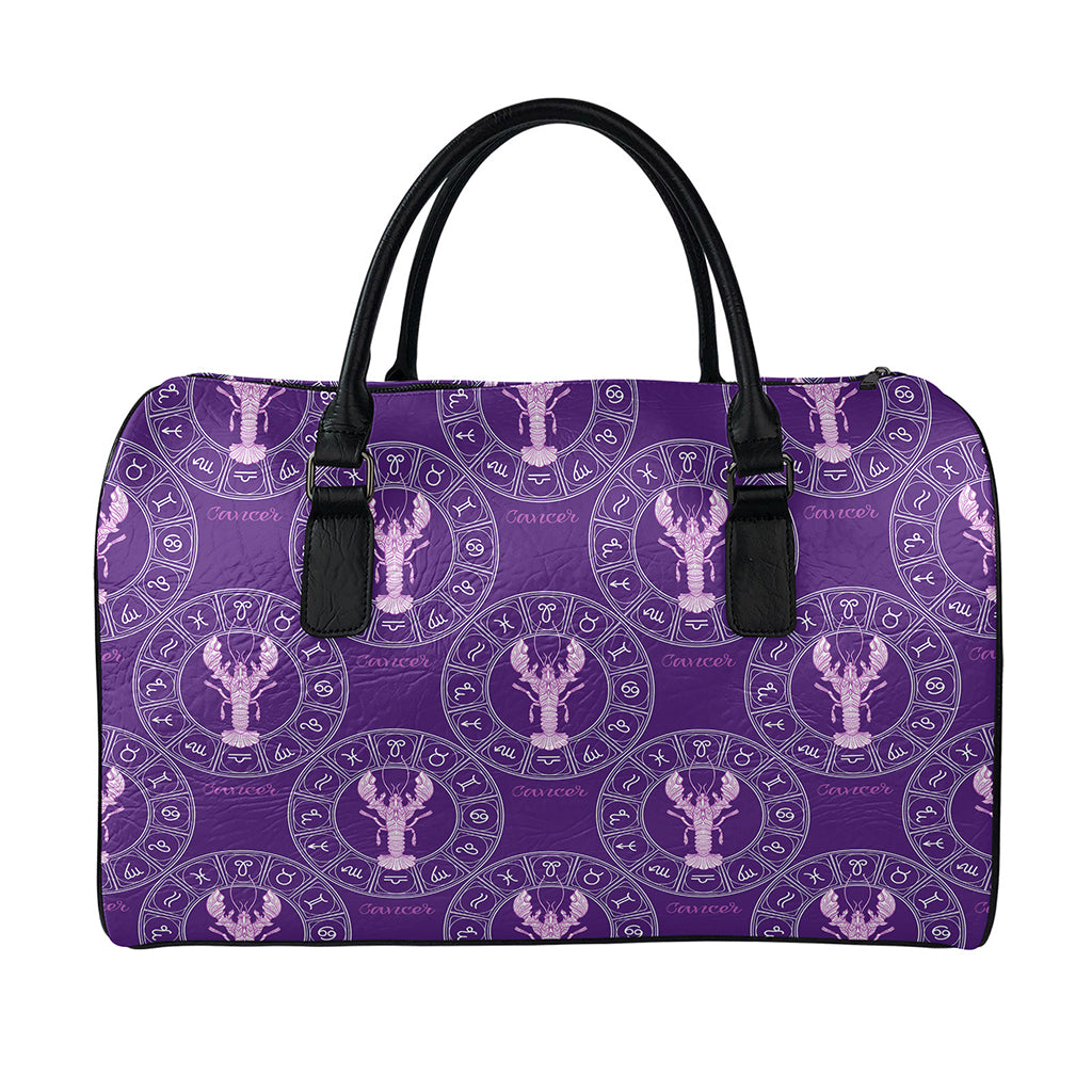 Purple Cancer Zodiac Pattern Print Leather Duffle Bag