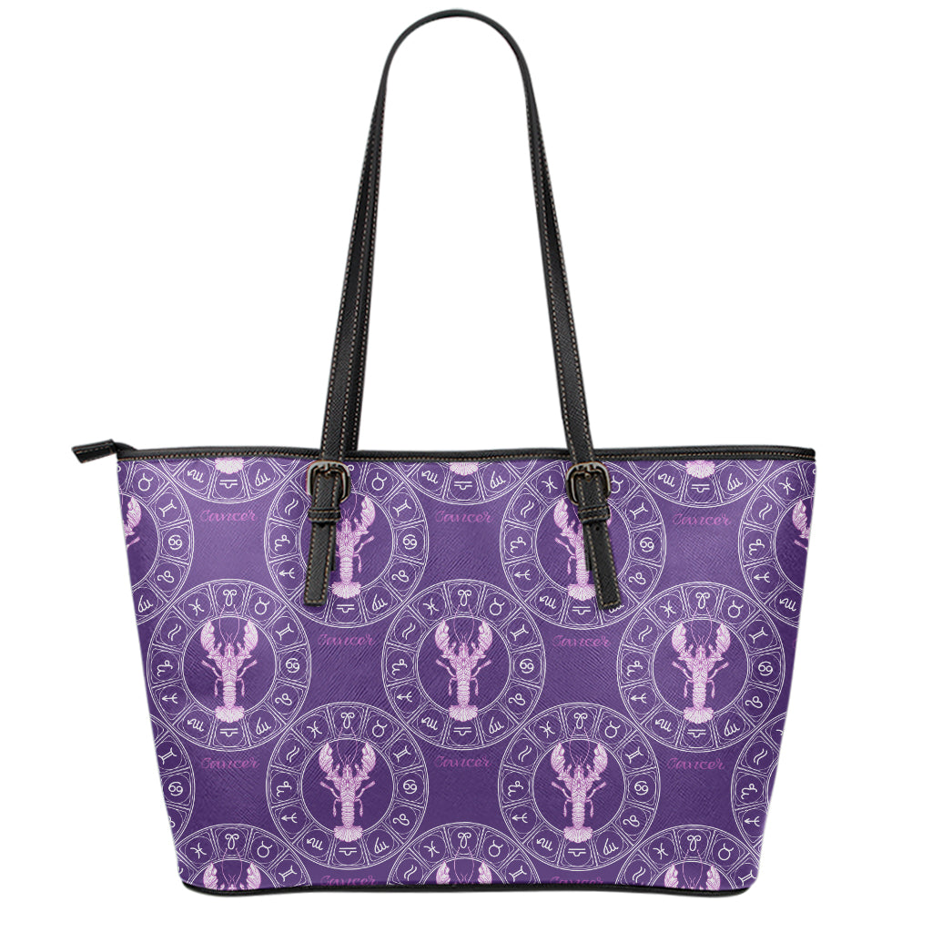 Purple Cancer Zodiac Pattern Print Leather Tote Bag