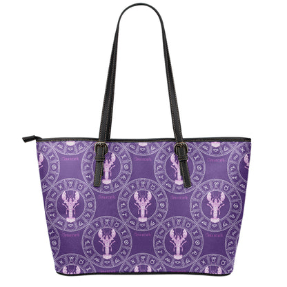 Purple Cancer Zodiac Pattern Print Leather Tote Bag